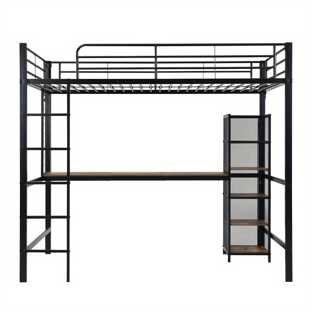 Hoogslaper – Loftbed – Kinderbed – Stapelbed – Eenpersoonsbed – Metaal & Donker Hout – 90x200 cm – Met Bureau en Opbergruimte