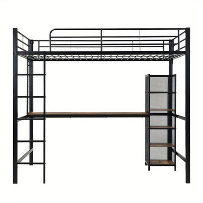 Hoogslaper – Loftbed – Kinderbed – Stapelbed – Eenpersoonsbed – Metaal & Donker Hout – 90x200 cm – Met Bureau en Opbergruimte