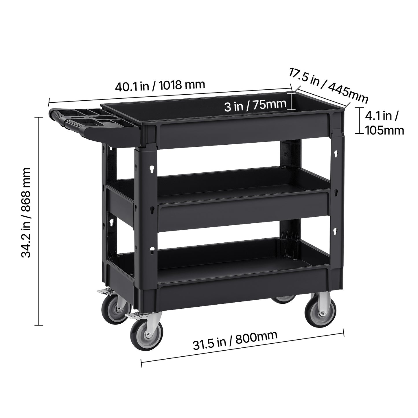 Servicewagen – Transportkar – Keukentrolley – Serveerwagen – Trolley – 3-laags – 250 kg Draagvermogen – 360° Draaibare Wielen met Remmen