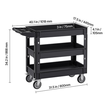 Servicewagen – Transportkar – Keukentrolley – Serveerwagen – Trolley – 3-laags – 250 kg Draagvermogen – 360° Draaibare Wielen met Remmen