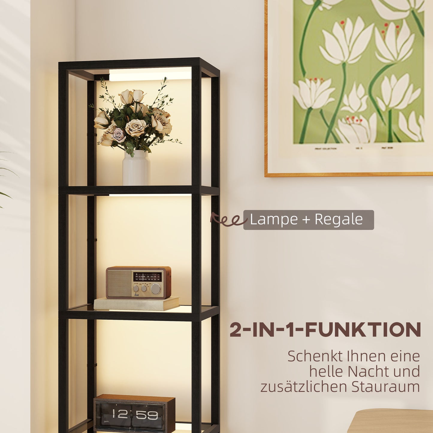LED Vloerlamp – Staande Lamp – Lichtmeubel – Opberglamp – Zwarte Vloerlamp – Energiezuinige LED – Vier Glazen Planken