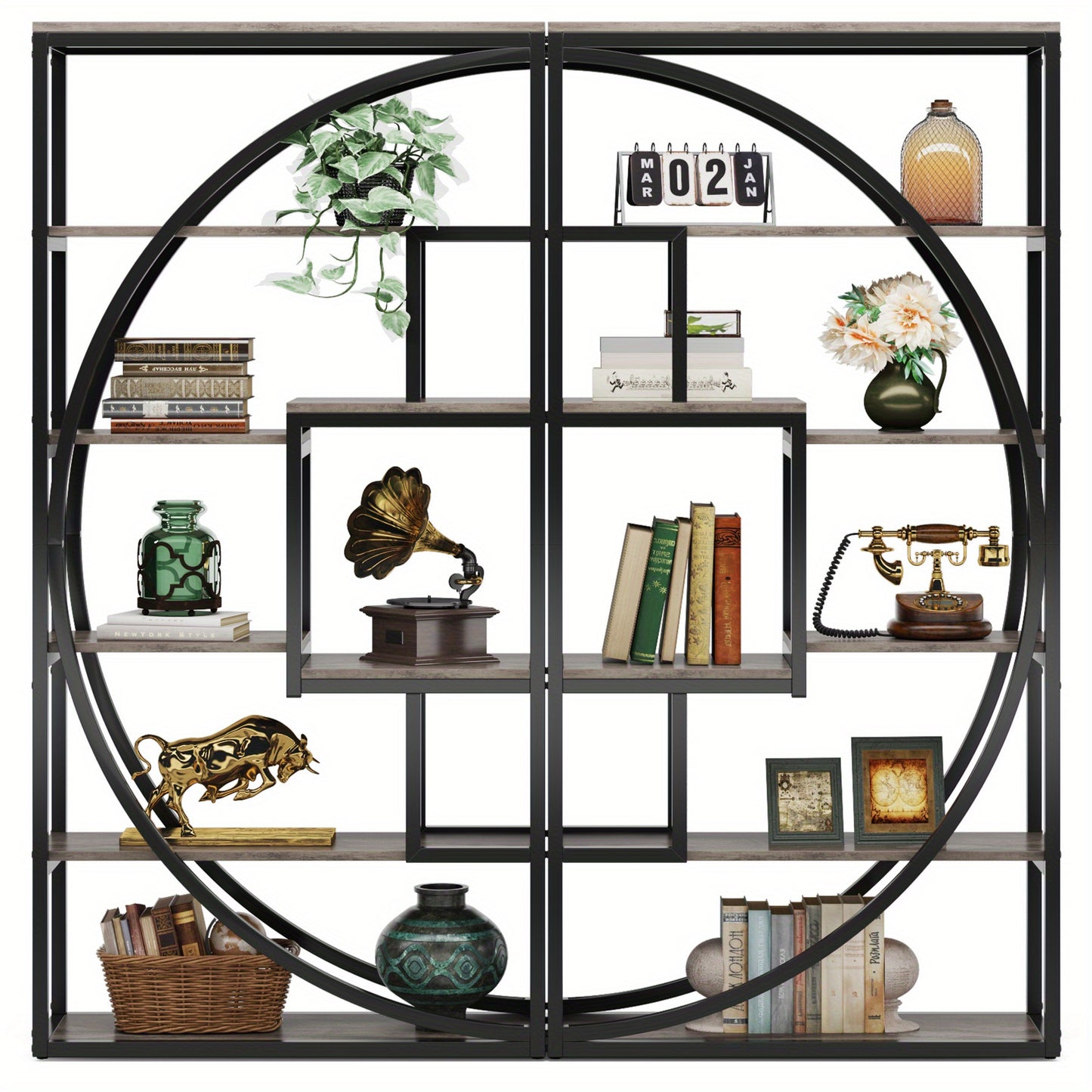 Boekenkast – Vakkenkast – Boekenrek – Opbergkast – Wandkast – 6 Lagen – Geometrisch Design – 179,83 cm Hoog – Retrogrijs Hout Met Zwart Metaal – Sterk En Duurzaam – Eenvoudig Te Monteren