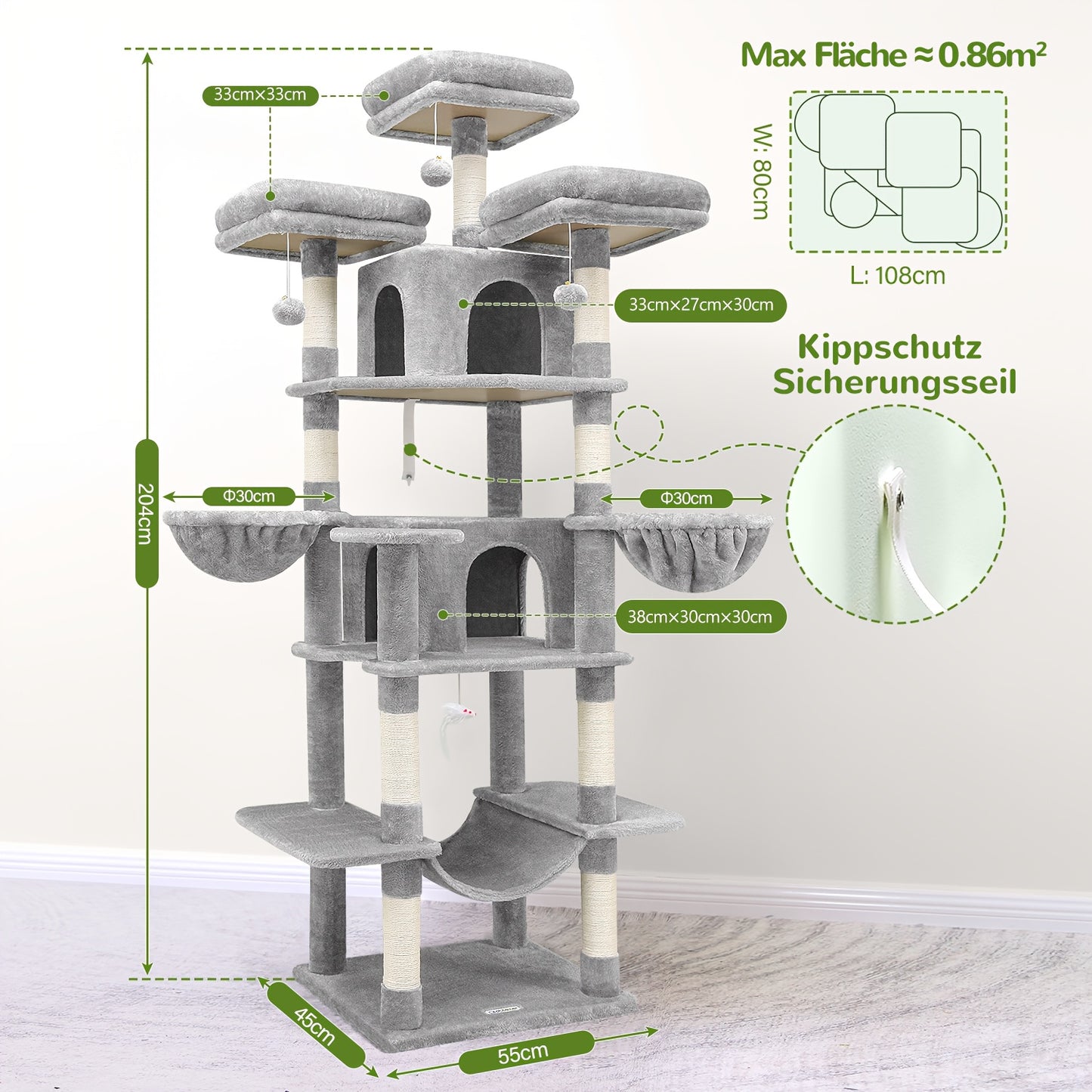 XXL Kattentoren – Kattenboom – Krabpaal – Klimtoren – Kattenhuis – Donkergrijs 203 cm Hoog – Ruim Speelparadijs Voor Meerdere Katten – Inclusief Krabpalen En Hangmanden