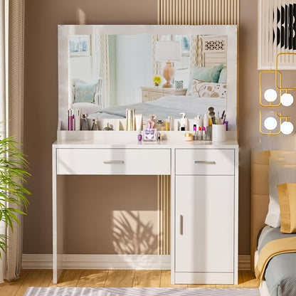 Make-up Tafel – Kaptafel – Schoonheidstafel – Beauty Meubel – Make-up Bureau Zwart – Grote Spiegel – Stevige Glasconstructie – Ruime Opberglades