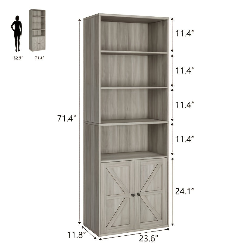 Industrieel Boekenkast met Deuren – Houten Vakkenkast – Opbergkast – Boekenkast Staand – Woonkamermeubel – Stevige Houten Constructie – Open en Gesloten Opbergruimte – Wit