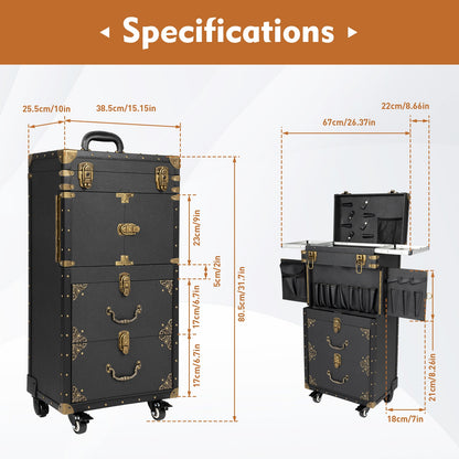 Rolling Makeup Train Case – Koffer, Organizer, Make-up Trolley, Beauty Koffer – Zwart – Met Slot, Haarföhnhouder – Stevig PU Materiaal, 3 Vaks Indeling