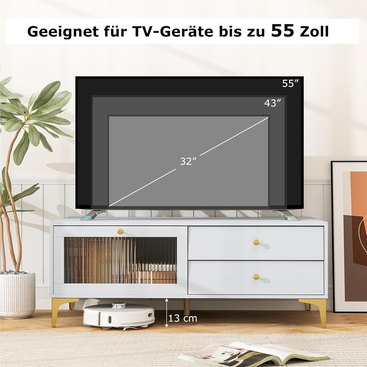 TV meubel – TV kast – TV stand – TV dressoir – Living room meubel – Voor 55 inch TV – Tempered glass vouwdeur – Metalen poten