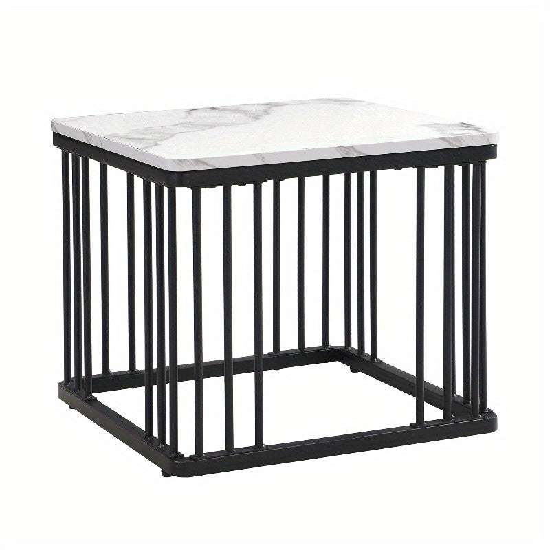 Koffietafel Set – Salontafel – Bijzettafel – Lounge Tafel – Woonkamertafel – Hoogglans Marmerlook – Verstelbare Pootjes – Metaal – 2-delig – 60x60x45 & 45x45x40 cm