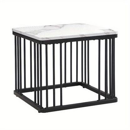 Koffietafel Set – Salontafel – Bijzettafel – Lounge Tafel – Woonkamertafel – Hoogglans Marmerlook – Verstelbare Pootjes – Metaal – 2-delig – 60x60x45 & 45x45x40 cm