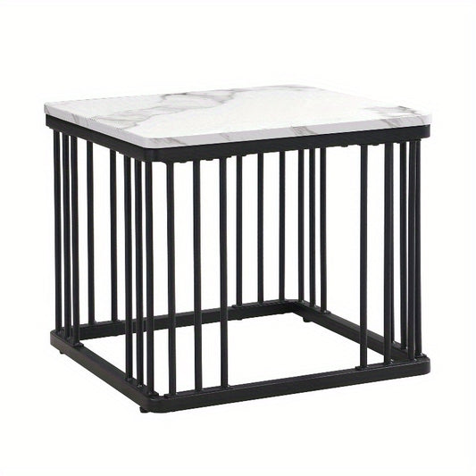 Koffietafel Set – Salontafel – Bijzettafel – Lounge Tafel – Woonkamertafel – Hoogglans Marmerlook – Verstelbare Pootjes – Metaal – 2-delig – 60x60x45 & 45x45x40 cm