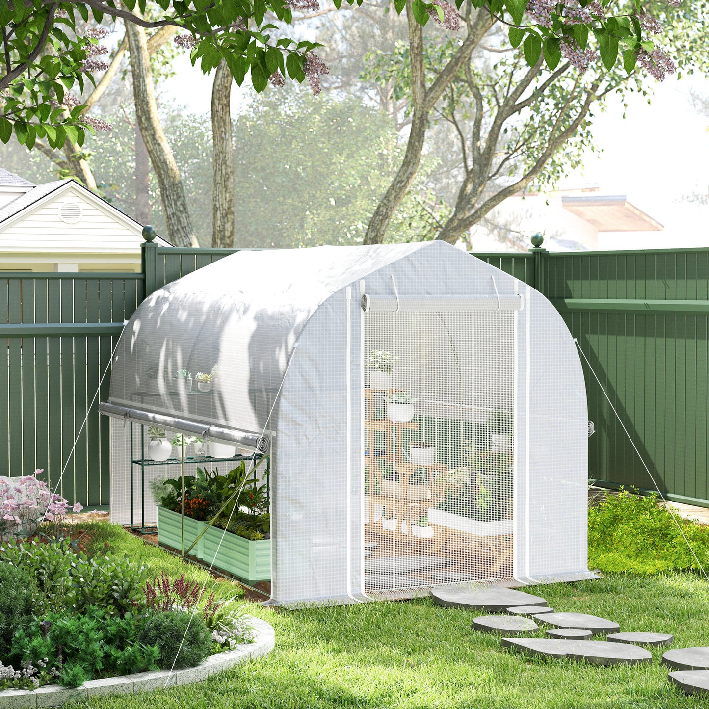 Polytunnel Kas – Tuinkas – Glazen Kas – Serre – Groentekas – UV-Bestendige PE Hoes – Verstevigd Stalen Frame – Roll-Up Zijwanden – 3 x 2 x 2 Meter – Wit