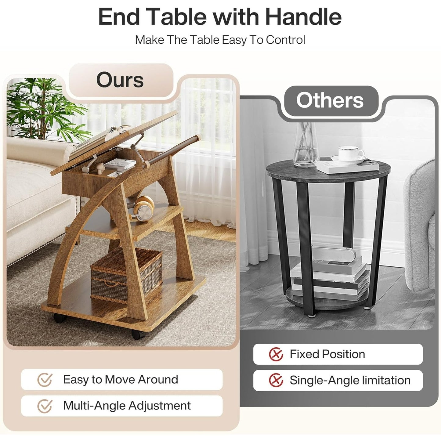3-Laags Verrijdbaar Bijzettafeltje – Rollend Trolley – Werktafel – Bedtafel – Opbergbak – Verstelbare Hoogte – Wit Hout – Ruimtebesparend & Mobiel