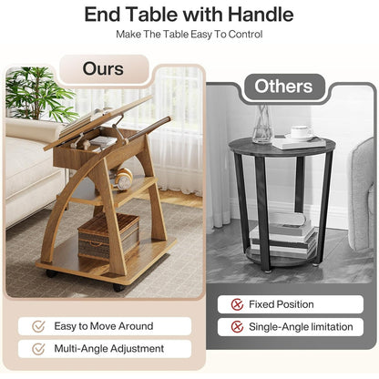 3-Laags Verrijdbaar Bijzettafeltje – Rollend Trolley – Werktafel – Bedtafel – Opbergbak – Verstelbare Hoogte – Wit Hout – Ruimtebesparend & Mobiel