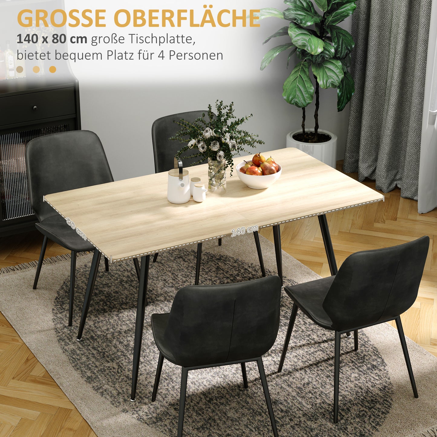 Eettafel – Tafels – Meubels – Kleine Eettafel – Keukentafel – Scandinavisch Design – 140x80x76 cm – MDF Houtfineer Met Zwarte Stalen Poten