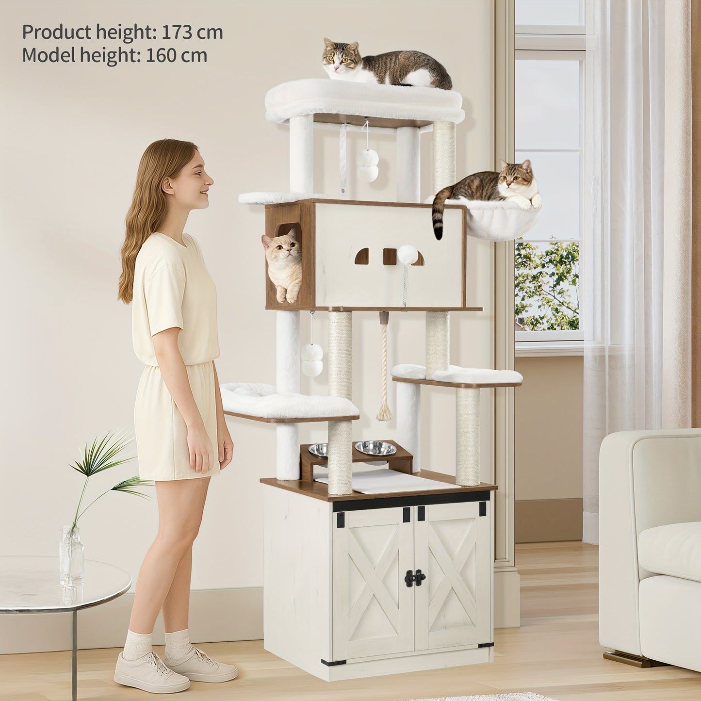 Krabpaal – Kattenkrabpaal – Kattenboom – Kattenmeubel – Kattenhuis – 173 cm Hoog – Met Kattenbakkast en Voerplek – Stevig Gelamineerd Hout & Afneembare Wasbare Kussens