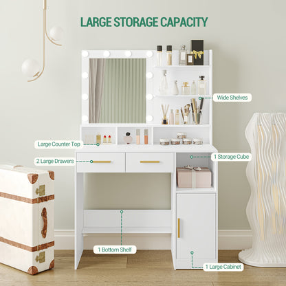 Dressing Table with Stool, with Mirror And 10 LED Lights, Adjustable Brightness, Dressing Table with 2 Drawers & 1 Cabinet, White