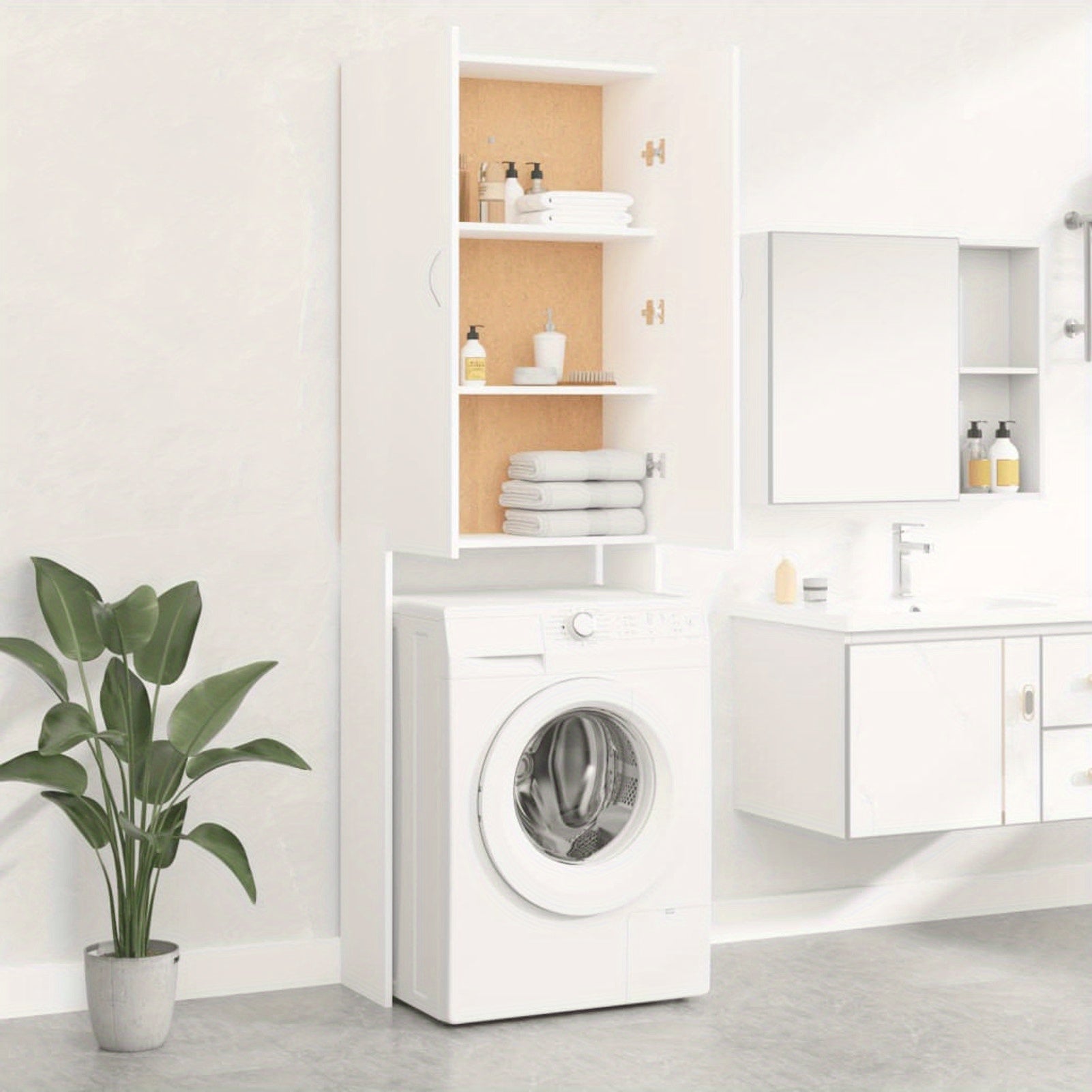 Wasmachinekast – Opbergkast – Wasruimte Meubel – Bijkeuken Kast – Badkamerkast – Duurzaam Materiaal – Compact Formaat 64x25,5x190 cm - QUORE