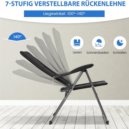 Tuinstoelen – Vouwstoelen – Balkonstoelen – Ligstoelen – Campingstoelen – 7-standen verstelbare rugleuning – Ademend metaal en Oxford-stof – Set van 2 – Zwart