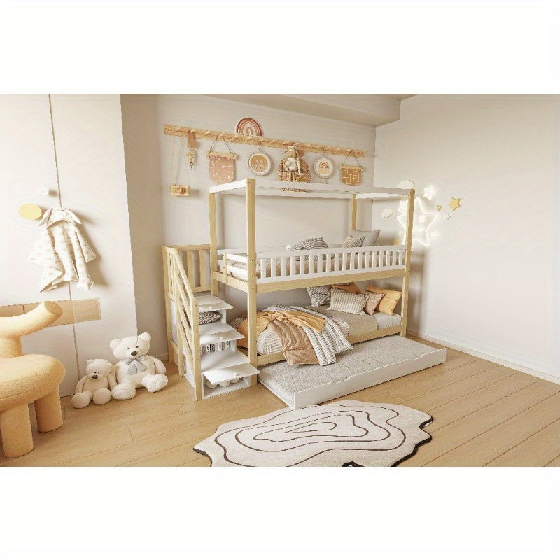 Hoogslaper – Loftbed – Stapelbed – Kinderbed – Eenpersoonsbed – Met Veiligheidshekken – Uitschuifbaar Bed – Opberglade – Wit/Naturel – 90x200 cm – Ruimtebesparend Design