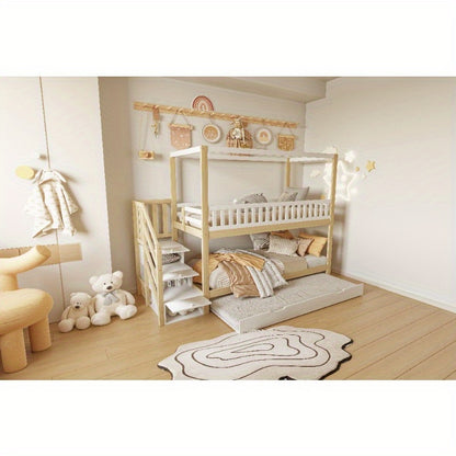 Hoogslaper – Loftbed – Stapelbed – Kinderbed – Eenpersoonsbed – Met Veiligheidshekken – Uitschuifbaar Bed – Opberglade – Wit/Naturel – 90x200 cm – Ruimtebesparend Design