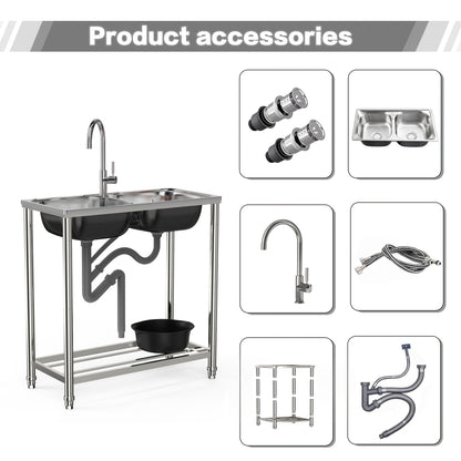 Stainless Steel Sink with Hot And Cold Water Taps, Freestanding Double Basin Sink with Drain Kit Suitable for Outdoor, Kitchen, Camping, Garden, 78x43cm