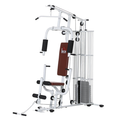Home Gym Trainingsstation – Fitness Station – Krachttraining Machine – Multi Gym – Exercisestation – 45 kg Weerstandsgewicht – Stalen Veiligheidsnet – Wit en Bruin