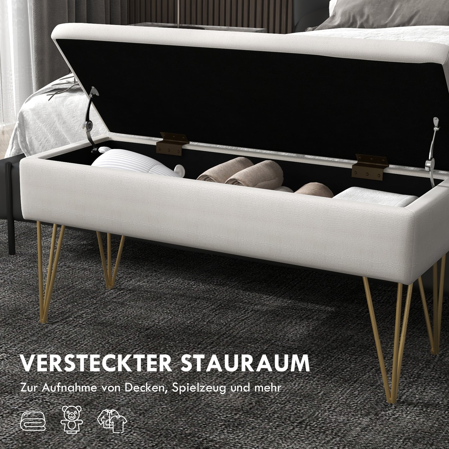 Bankje – Zitbank – Opbergbank – Halbankje – Gestoffeerd – Linnenlook Stof – Met Opbergruimte – Stalen Poten – 100x40x49 cm – Comfortabele Zitting