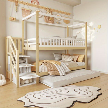 Hoogslaper – Loftbed – Stapelbed – Kinderbed – Eenpersoonsbed – Met Veiligheidshekken – Uitschuifbaar Bed – Opberglade – Wit/Naturel – 90x200 cm – Ruimtebesparend Design