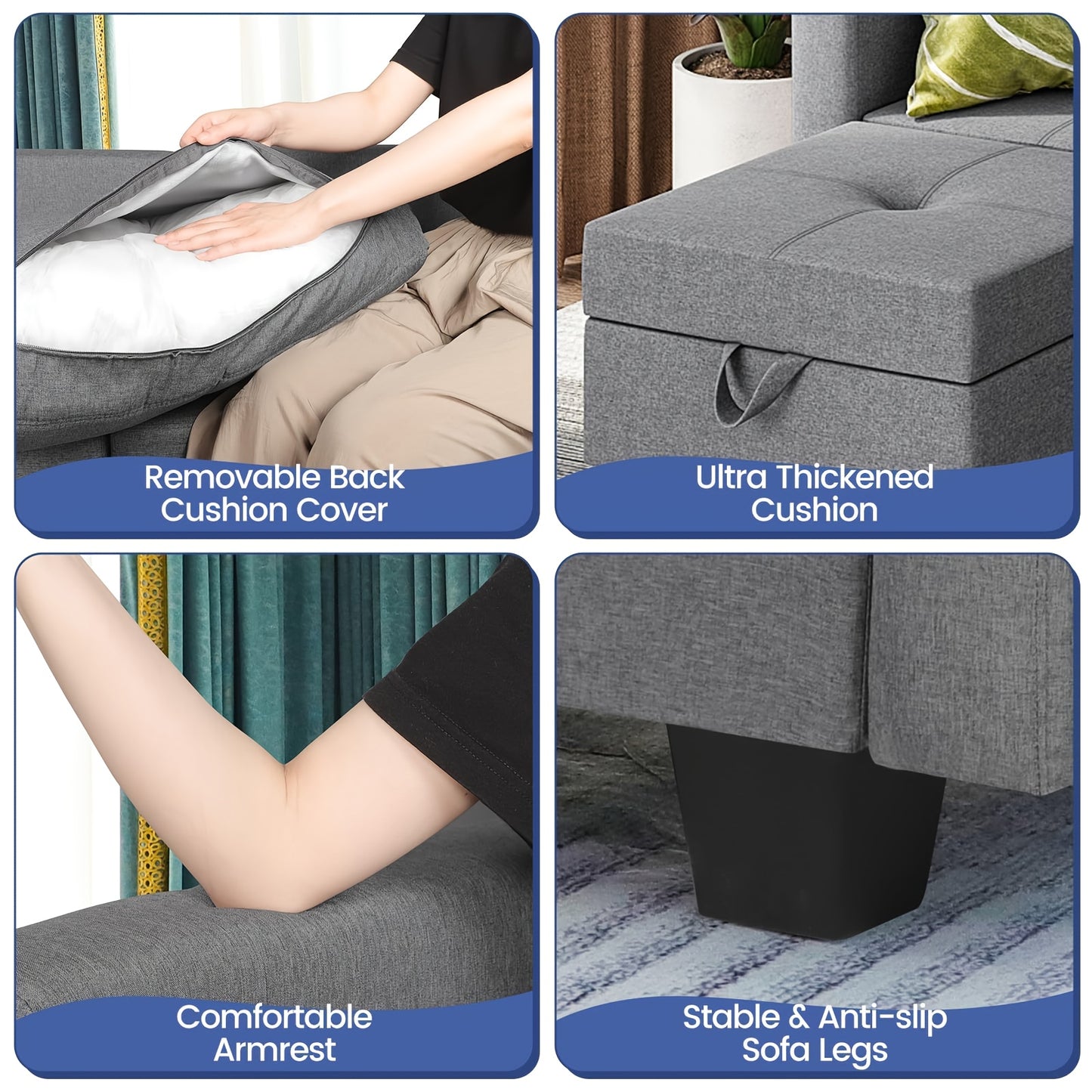 U-vormige modulaire bank – hoekbank – loungebank – zithoek – modulaire hoekbank – met memory foam – verborgen opbergruimte – grijze stoffen bekleding – eenvoudige montage