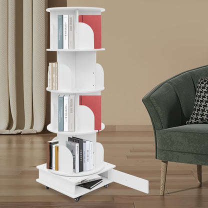 Draaibare Boekenkast – Boekenrek – Plankensysteem – Bibliotheekkast – Opberger – 4-Lagen Met 360° Zwenkwielen – Stevig Met Ruime Opbergruimte Wit