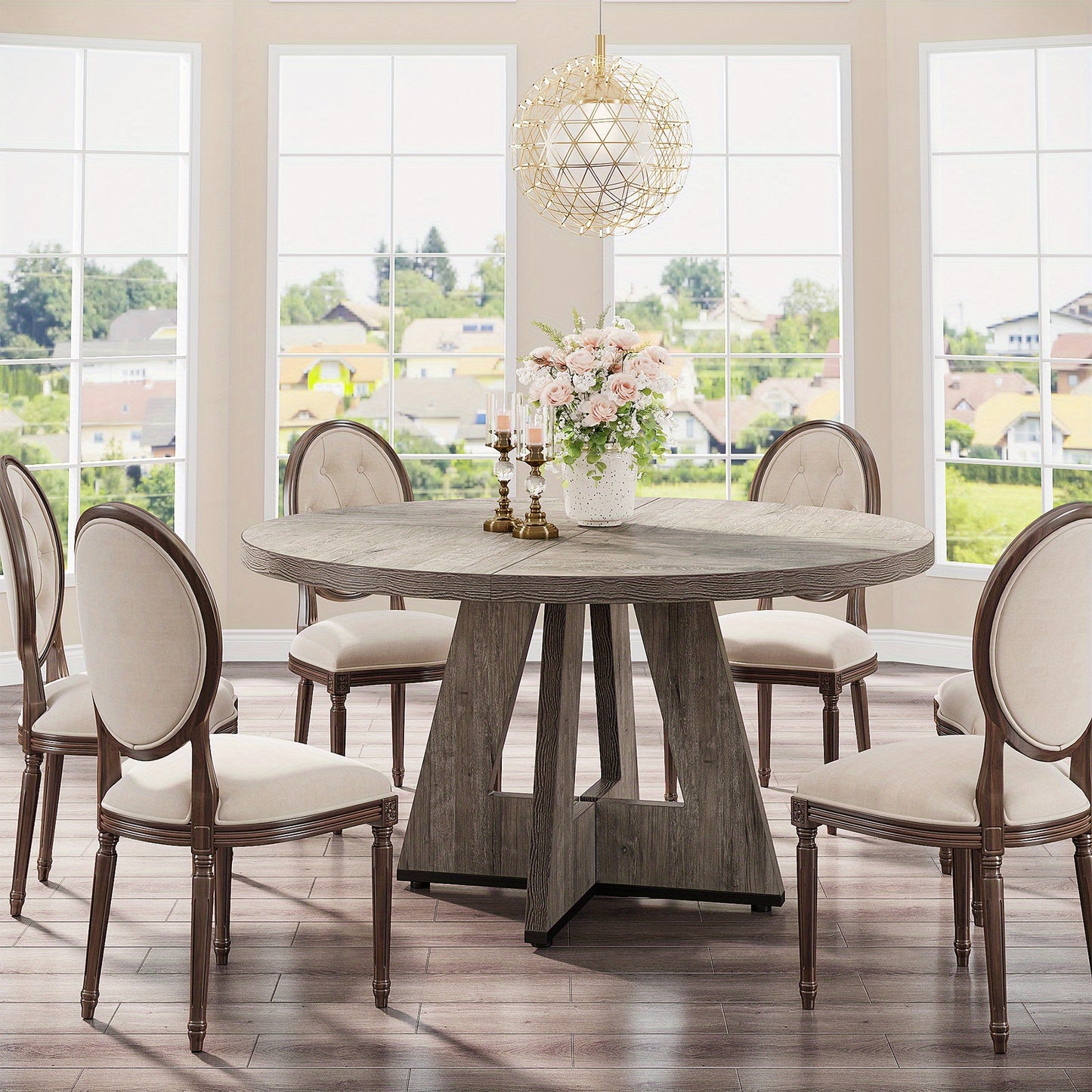 Eetkamertafel – Eettafel – Keukentafel – Ronde Tafel – Tafel – Ronde Grijze Eettafel – 120 cm Diameter – Massief Houten Blad
