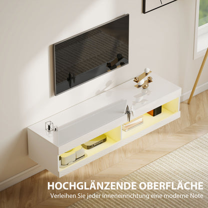 Tv Meubel – TV Kast – TV Meubel Hangend – Lowboard – TV Dressoir – Hoogglans Wit – RGB LED Verlichting 16 Kleuren – 140x40x30 cm