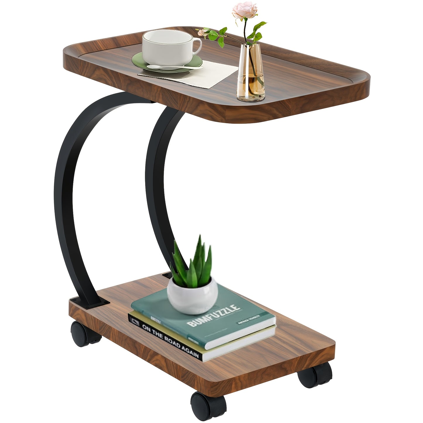Bijzettafel – Sofa Tafel – Banktafeltje – Nachtkastje – Zijtafel – Vintage Design – Hout & Metaal – Wieltjes – Dubbel Plank – Walnoot – Geen Elektriciteit