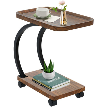 Bijzettafel – Sofa Tafel – Banktafeltje – Nachtkastje – Zijtafel – Vintage Design – Hout & Metaal – Wieltjes – Dubbel Plank – Walnoot – Geen Elektriciteit