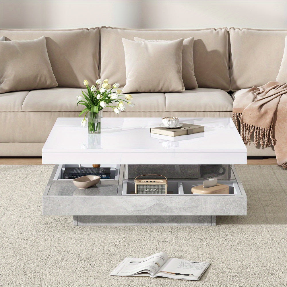 Sofa Tafel – Salontafel – Bijzettafel – Banktafel – Woonkamer Tafel – 360° Draaibaar Bovenblad – Wit Marmer MDF – Dubbel Laags – Uitbreidbaar Art Deco Design