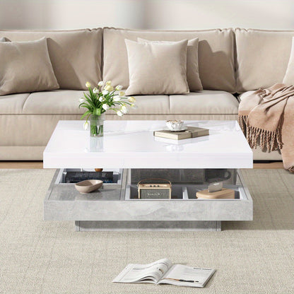 Sofa Tafel – Salontafel – Bijzettafel – Banktafel – Woonkamer Tafel – 360° Draaibaar Bovenblad – Wit Marmer MDF – Dubbel Laags – Uitbreidbaar Art Deco Design