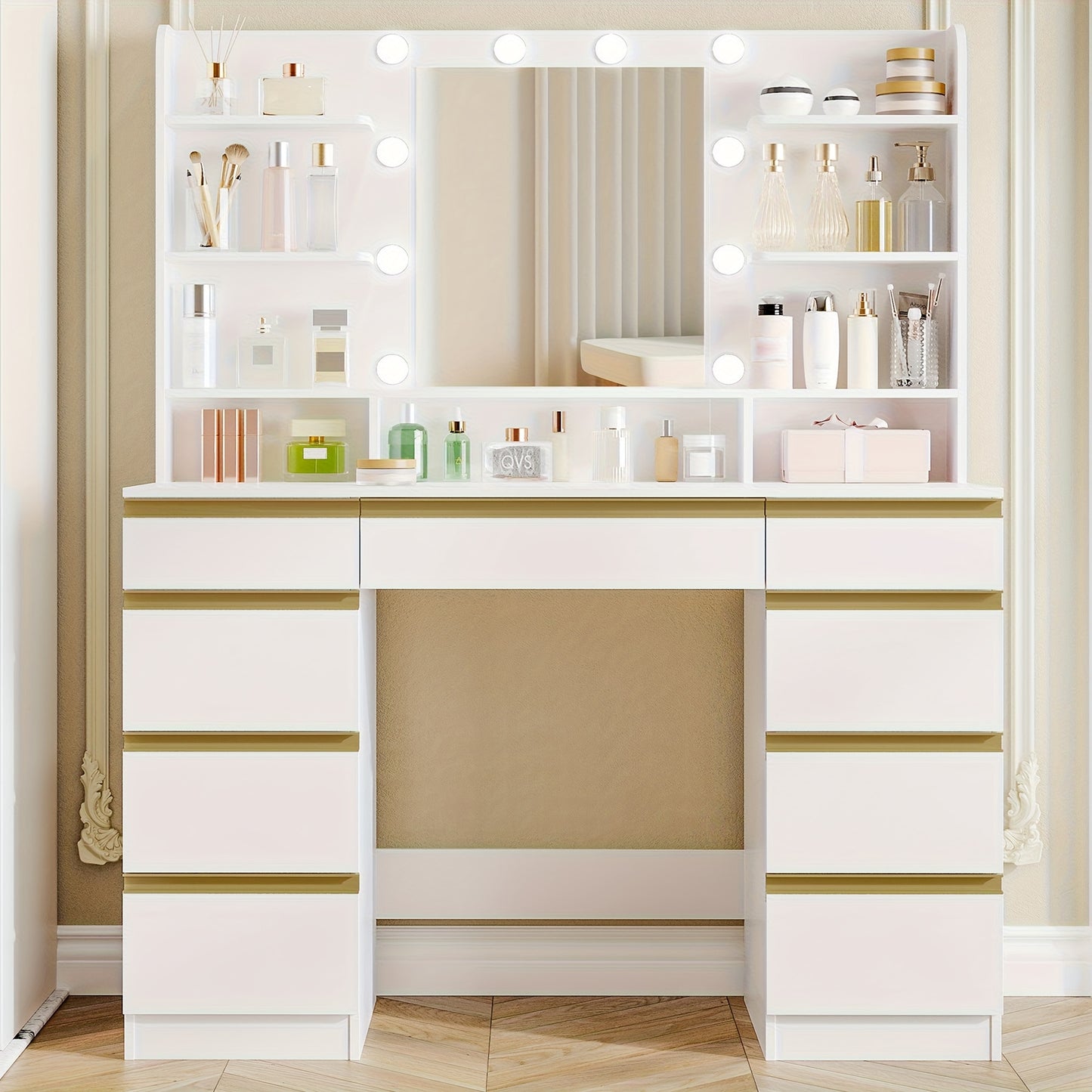 Kaptafel – Make-uptafel – Toillet – Verzorgingstafel – Slaapkamertafel – Wit met Gouden Accenten – Verstelbare Verlichting – Grote HD-Spiegel – Veel Opbergruimte