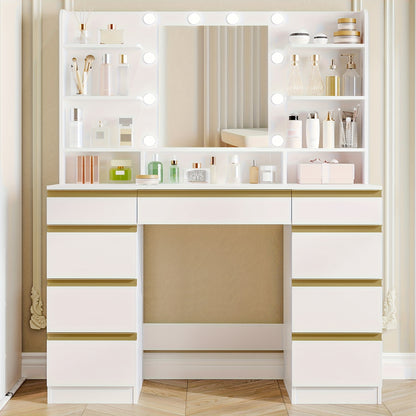 Kaptafel – Make-uptafel – Toillet – Verzorgingstafel – Slaapkamertafel – Wit met Gouden Accenten – Verstelbare Verlichting – Grote HD-Spiegel – Veel Opbergruimte