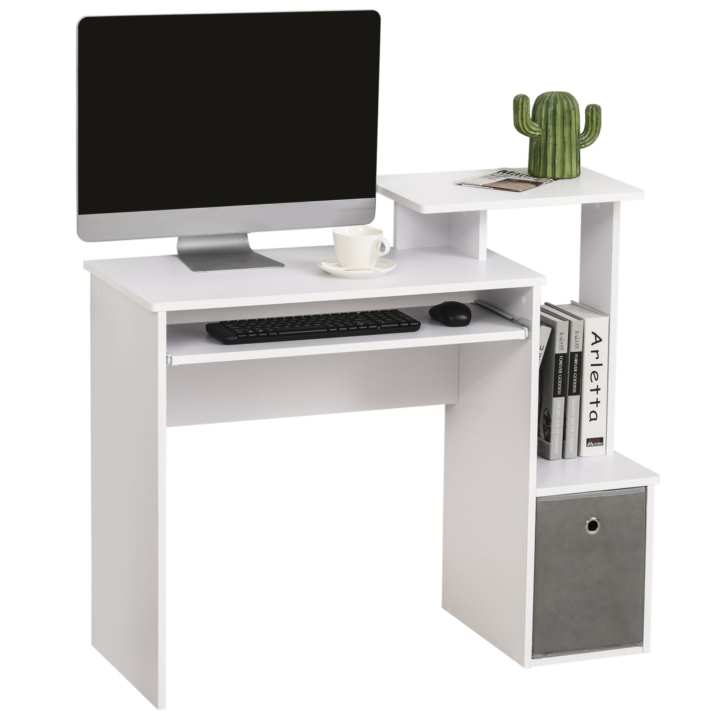 Computerbureau – Bureau – Werkplektafel – Bureau met Opbergruimte – Bureau met Toetsenbordlade – Compact 100x40x86,6 cm – Melamine Afwerking Wit-Grijs