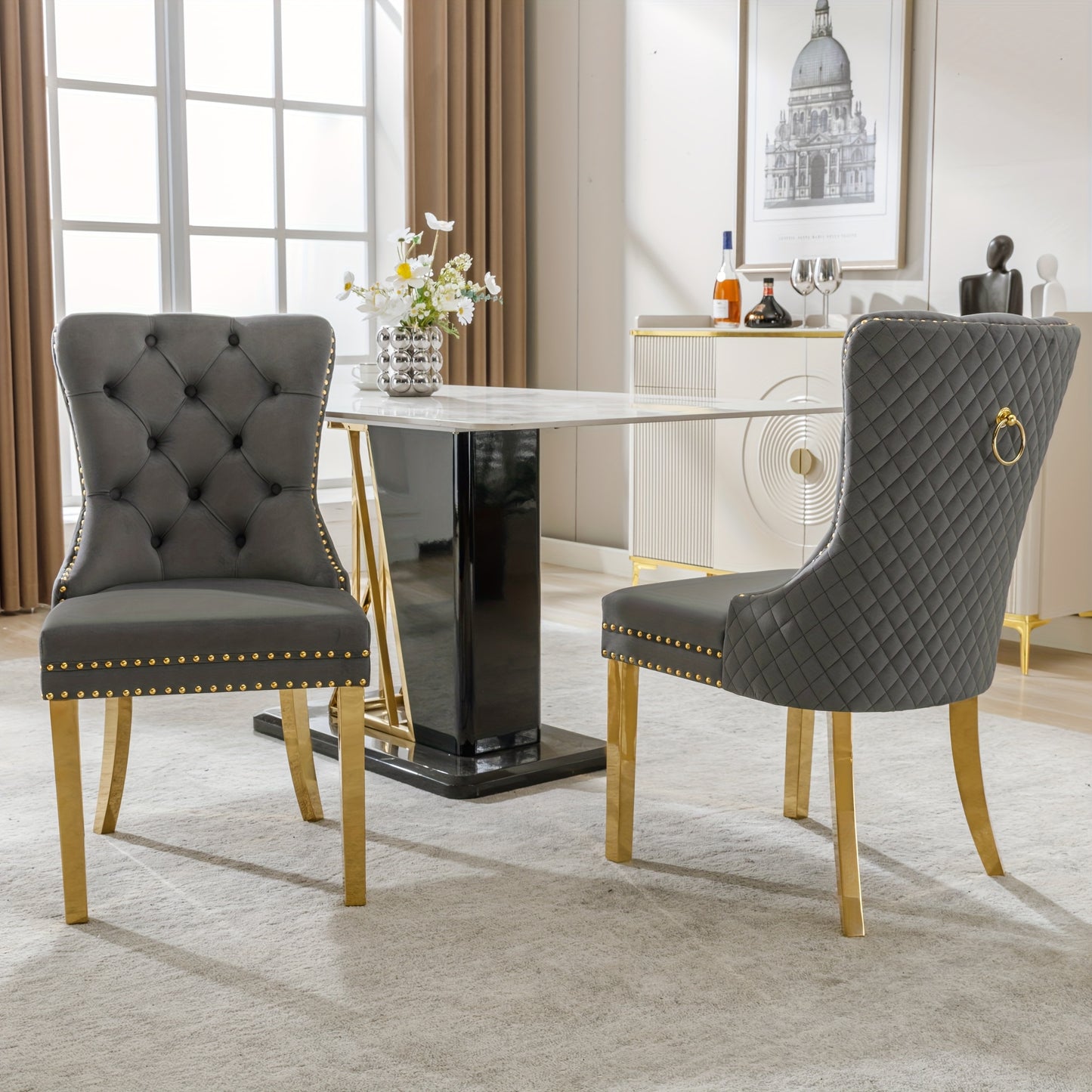 2pcs Elegant Dining Chairs with Golden-Tone Nailhead Trim & Golden-Plated Stainless Steel Legs - Upholstered Backrest, Round Pulls, Classic Modern Design