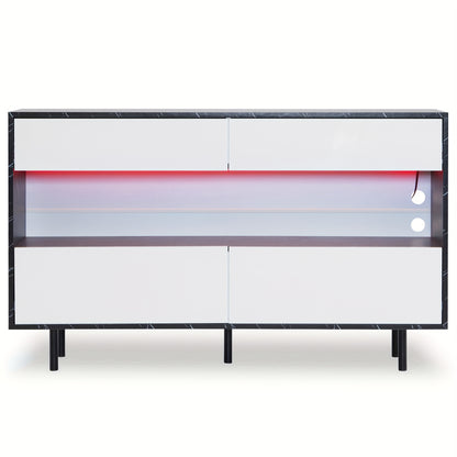 150 X 35 X 89.5 Cm Black Marble Design Sideboard With Open Storage Space, 4 Drawers, Sturdy Metal Frame And Anti-tilt Protection, Elegant Storage Furniture For The Kitchen And Living Room