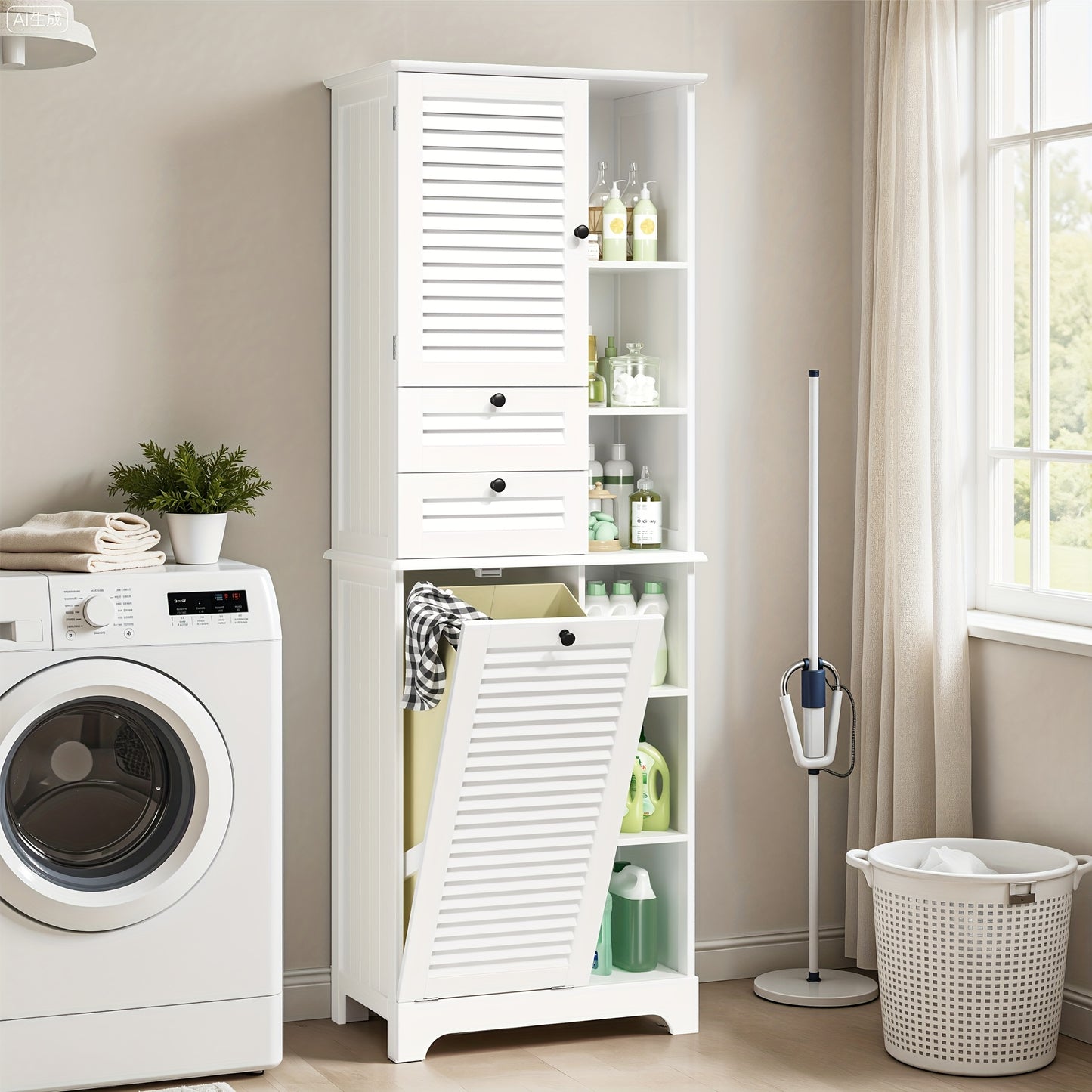 Modern Hoog Badkamerkast – Badkamermeubel – Opbergkast – Staande Kast – Opbergmeubel – Met Opvouwbare Waszak – 2 Deuren & 1 Lade – 6 Open Planken – Duurzaam Hout en Stof – Ruimtebesparend Design – Hoogte 68,58 cm
