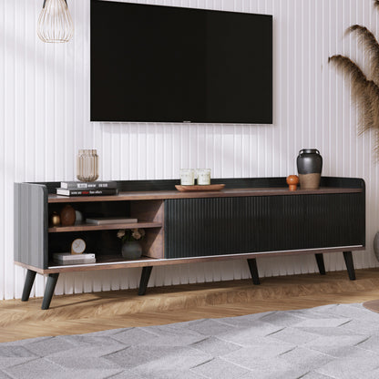 TV-meubel – Tv-kast – Lowboard – Dressoir – Tv-onderkast – Verstelbaar 101,6-124,5 cm – Zwarte Spaanplaat – Twee Schuifdeuren en Lades