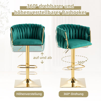 Barkrukken Set – Barstoelen – Keukenstoelen – Draaibare Krukken – Eetkamerstoelen – Verstelbare Hoogte – 360° Draaibaar Met Gouden Frame – Smaragdgroen Fluweel