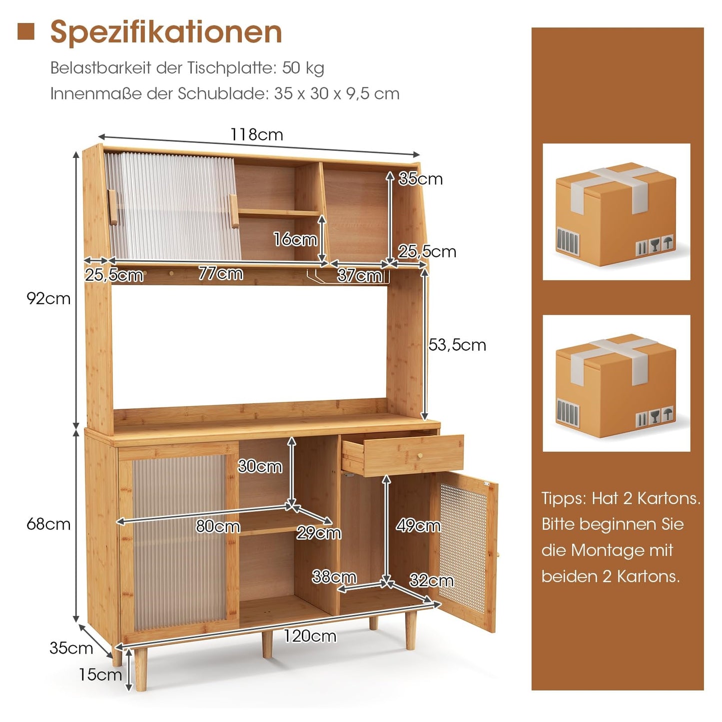 Buffetkast – Buffetkastje – Keukenkast – Opbergkast – Dressoir – Bamboe En Rattan – 120 cm Breed Werkblad – Schuifdeuren Met Glasrek