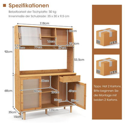 Buffetkast – Buffetkastje – Keukenkast – Opbergkast – Dressoir – Bamboe En Rattan – 120 cm Breed Werkblad – Schuifdeuren Met Glasrek