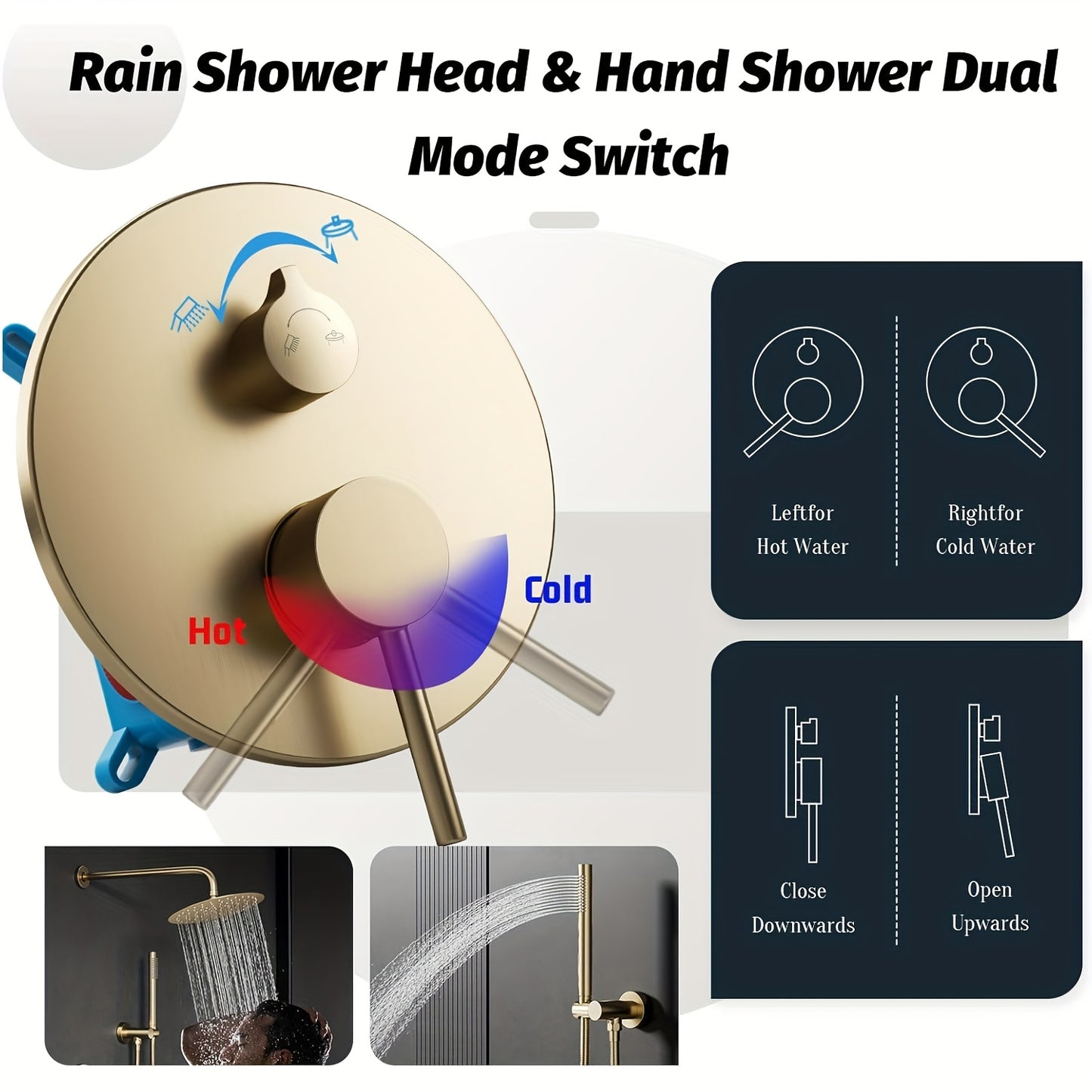 Inbouw Douchesysteem – Regendouche – Handdouche – Douchekraan – Douchset – Geborsteld Gouden Afwerking – 30,48 cm Ronde Regendouche – Dual-Function Bediening