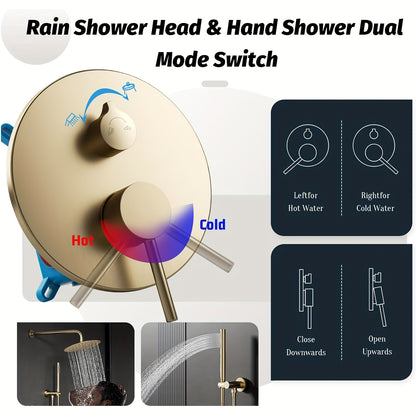 Inbouw Douchesysteem – Regendouche – Handdouche – Douchekraan – Douchset – Geborsteld Gouden Afwerking – 30,48 cm Ronde Regendouche – Dual-Function Bediening