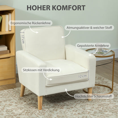 Fauteuil – Armstoel – Lounge Chair – Relaxstoel – Zitstoel – Crèmekleurige Bekleding – Verstelbare Rugleuning – Rubberwood Frame – Comfortabel & Duurzaam