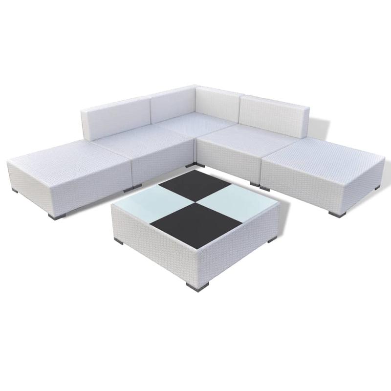 6-delige Tuinset – Buitenmeubelset – Loungeset – Hoekbank Set – Balkonmeubelen – Wit-Zwart Kussenontwerp – Weerbestendig Poly Rattan – Comfortabele Zitkussens